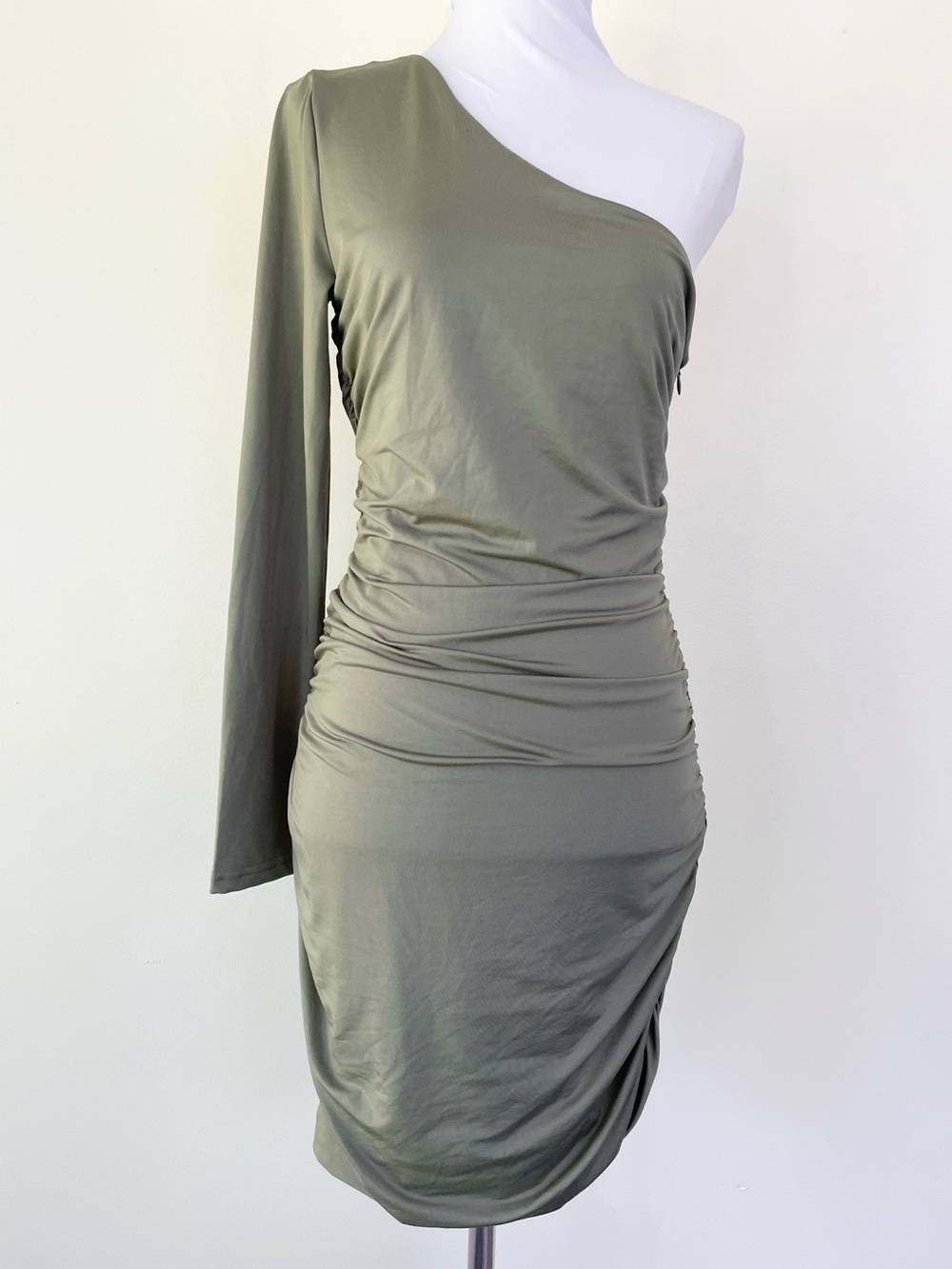 Princess Polly Olive Green One Sleeve Ruched Bodycon Mini Dress sz US 8 M